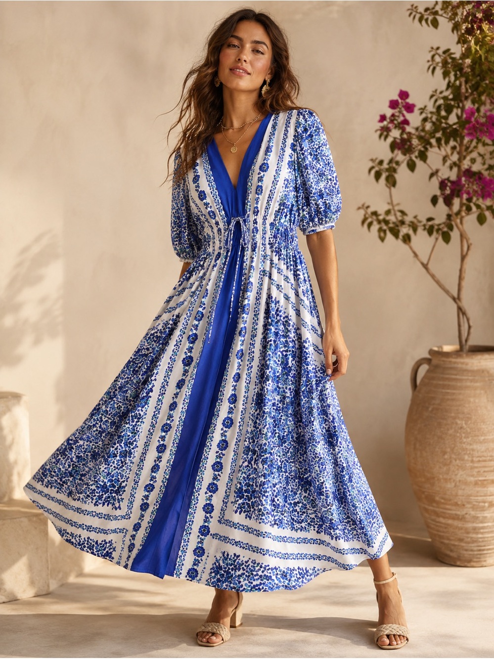 Taylor Blue White Floral Fit & Flare Maxi Dress